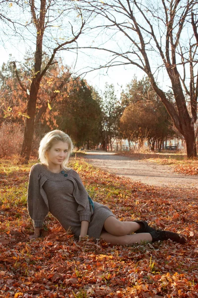 Chica se sienta en las hojas de otoño . — Foto de Stock