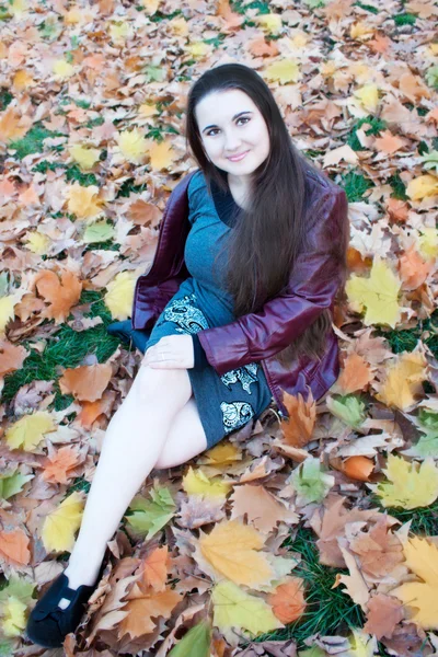 Девушка сидит на осенних листьях . — стоковое фото