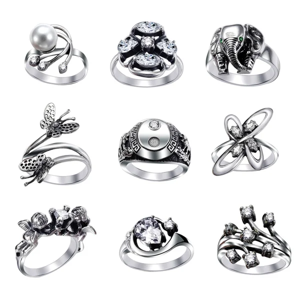 Prstenů s drahokamy izolovaných na bílém pozadí — Stock fotografie