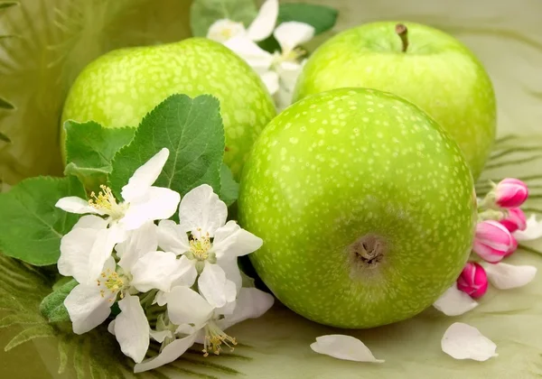 Zielone jabłka z kwiatami — Zdjęcie stockowe