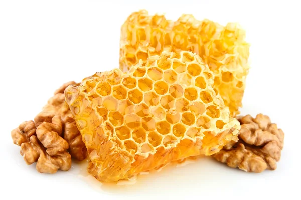 Favos de mel de mel com uma noz — Fotografia de Stock