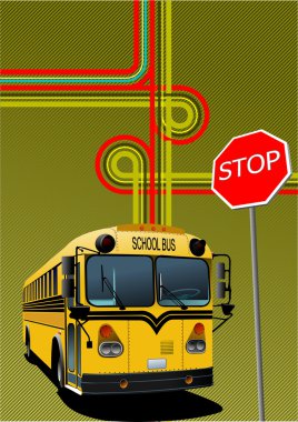 Sarı okul otobüsü ve şehir kavşağı. Vektör illüstrasyonu