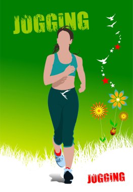 Green summer poster with jogging woman. Vector illustration clipart