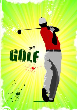 Golf oyuncularıyla dolu bir poster. Vektör illüstrasyonu