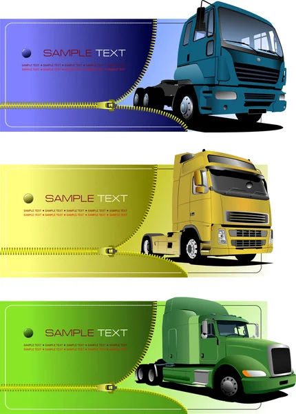Tre dragkedja banners med lastbilar. vektor illustration — Stock vektor