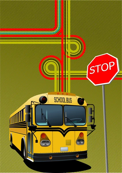 黄色のスクールバスと都市の交差点。ベクターイラスト — ストックベクタ