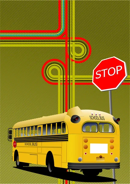 Yellow school bus and city junction. Vector illustration — Stock Vector