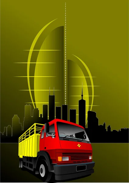 Composição moderna urbana abstrata com imagem de caminhão vermelho-amarelo. V — Vetor de Stock