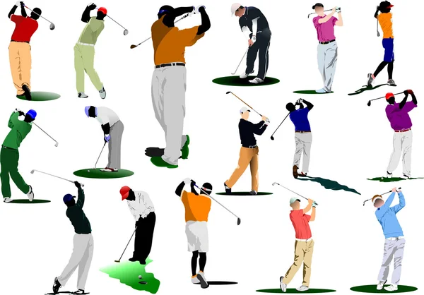Seize golfeurs frappant la balle avec le club de fer. Illustration vectorielle — Image vectorielle