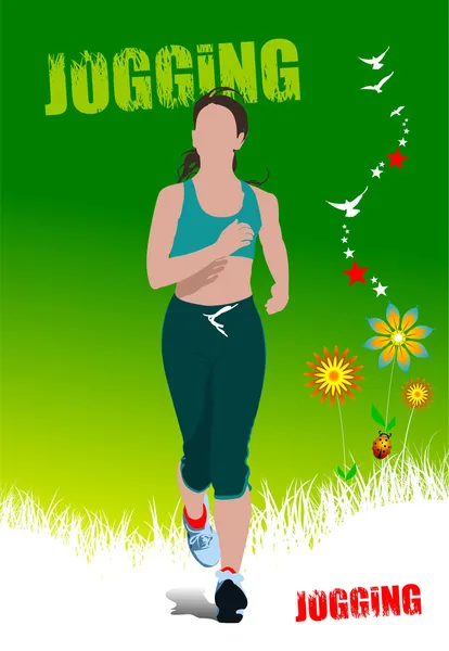 Yeşil yaz posteri ve koşu yapan kadın. Vektör illüstrasyonu — Stok Vektör