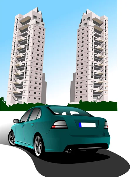 Dormitório e carro verde sedan. Ilustração vetorial — Vetor de Stock