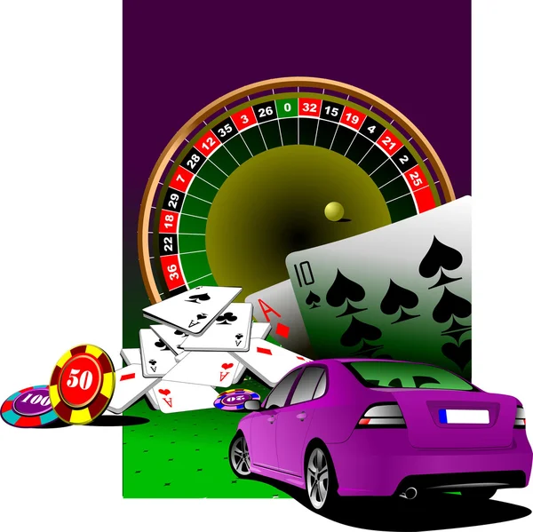 Elementos do casino com carro sedan de luxo roxo. Vector illustrati — Vetor de Stock