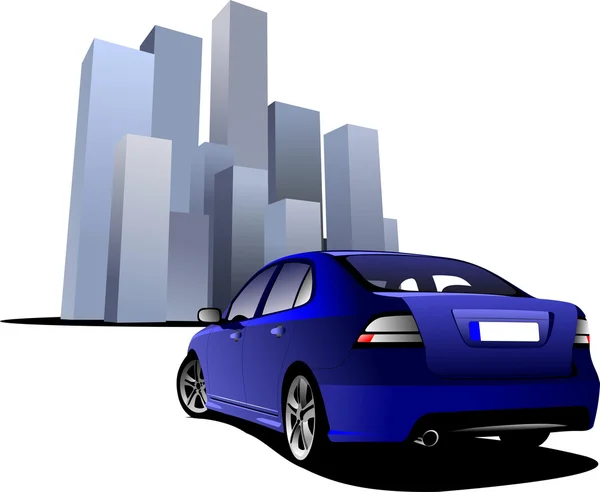Роскошный синий автомобиль на фоне образа города. Векторные иллюстрации — стоковый вектор