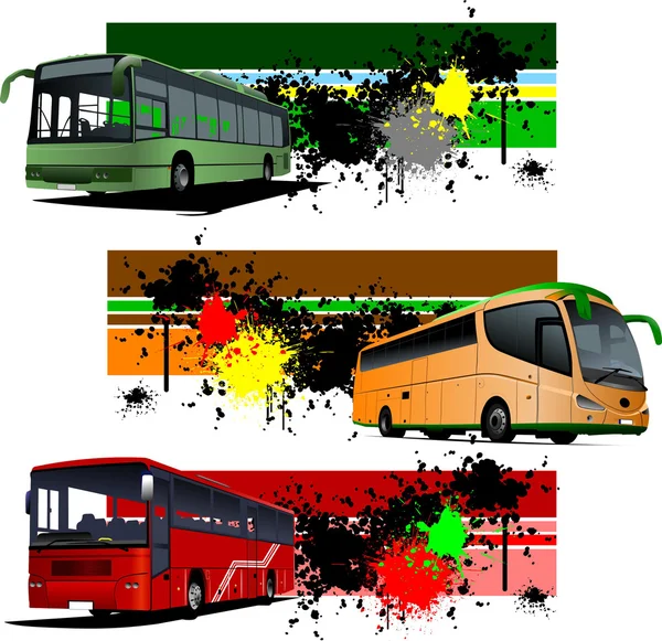 Tre striscioni grunge con autobus urbano. Illustrazione vettoriale — Vettoriale Stock