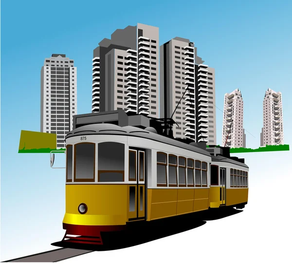 Общежитие и редкий трамвай. Векторная иллюстрация — стоковый вектор