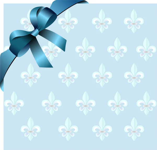 Sidan hörn med blå band och rosett på royal lily bakgrund. — Stock vektor