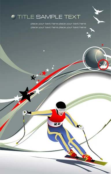 Couverture pour brochure de sport d'hiver avec image de skieur. Illusion vectorielle — Image vectorielle