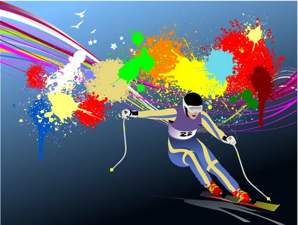 Grunge sfondo colorato con immagine sciatore. Illustrazione vettoriale — Vettoriale Stock