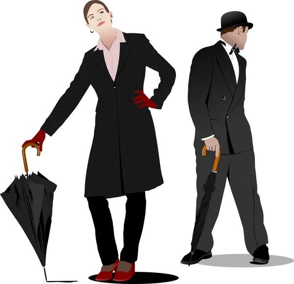 绅士和夫人带把伞。矢量插画 — 图库矢量图片