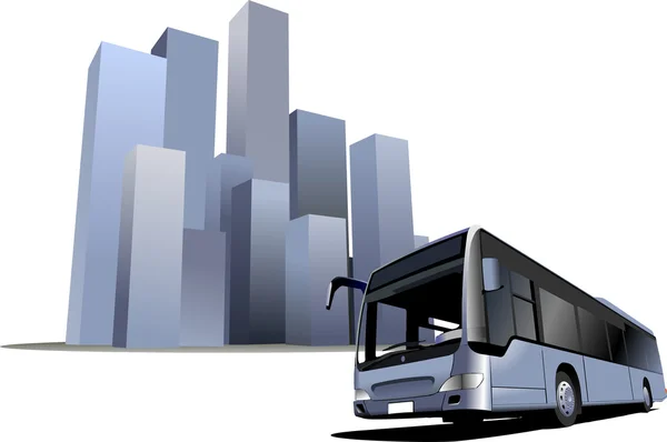 Городской автобус на фоне города. Векторная иллюстрация — стоковый вектор