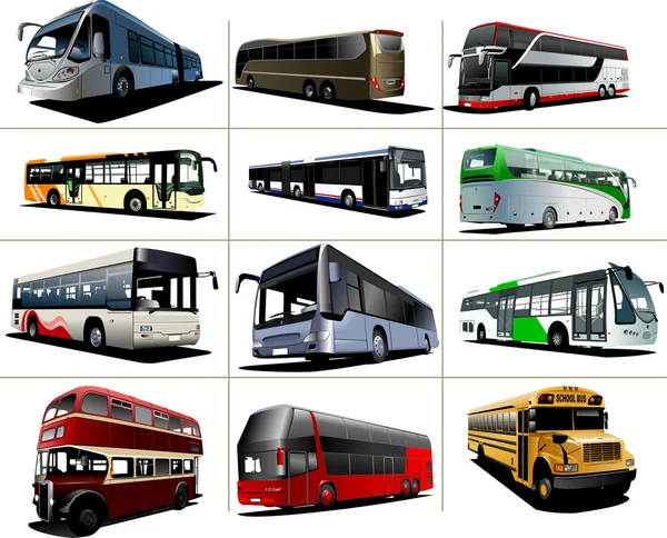 Двенадцать видов городских автобусов. Векторная иллюстрация — стоковый вектор
