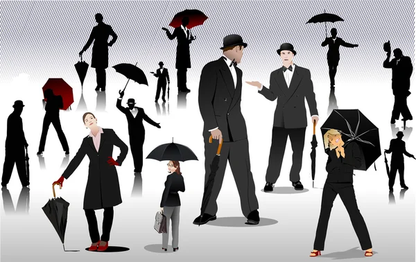 Muži a ženy s deštníkem siluety. vektor — Stockový vektor