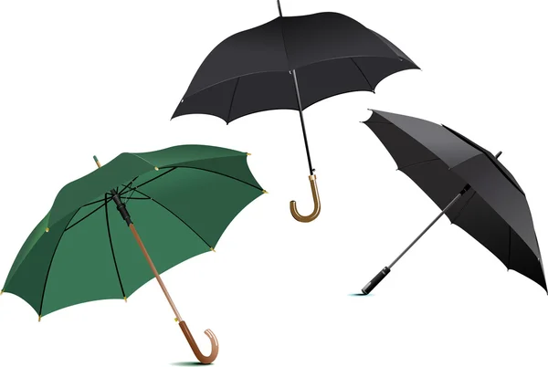 Tre tipi di ombrello pioggia verde aperto. Illustrazione vettoriale — Vettoriale Stock