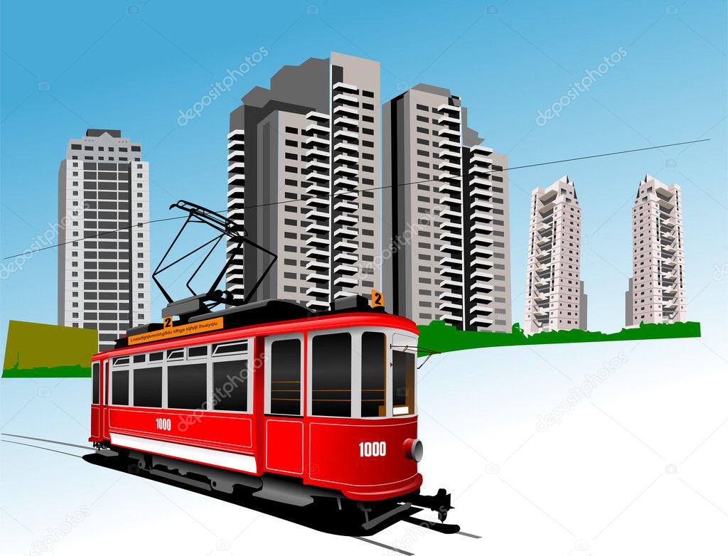 Dormitory and rarity tram. Vector illustration