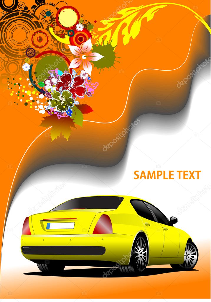 Floral background with yellow car image illustration. In