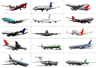 Big set of passenger planes. Taking off. Landing. On the air fie clipart