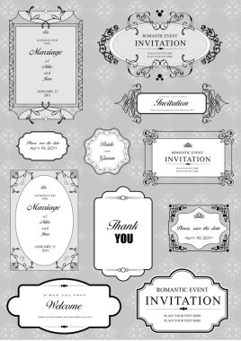 Set of ornate frames and ornaments with sample text. Perf
