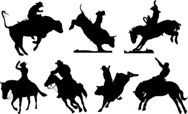 Seven rodeo silhouettes. Black and white illustration clipart