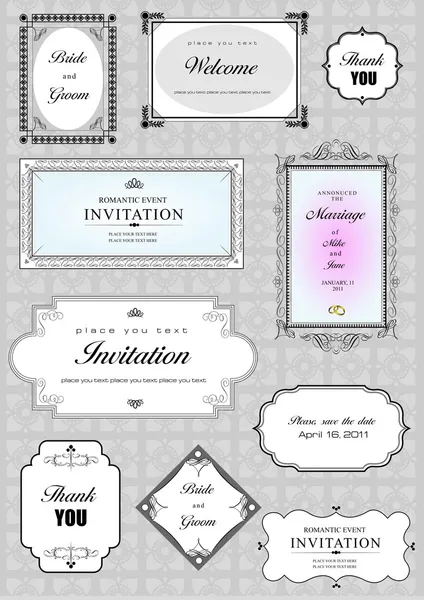 Set of ornate frames and ornaments with sample text. Perf — Stockfoto