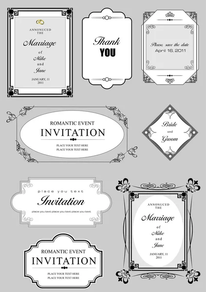 Set of ornate frames and ornaments with sample text. Perf — Stok fotoğraf