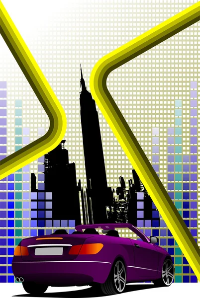 Hi-tech tło z Nowego Jorku i fioletowy cabriolet i — Zdjęcie stockowe