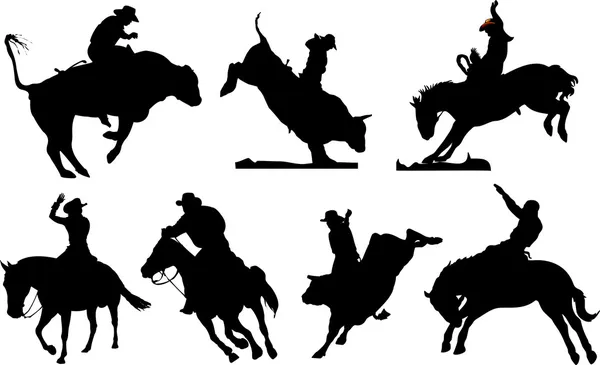 Sete silhuetas de rodeio. Ilustração em preto e branco — Fotografia de Stock