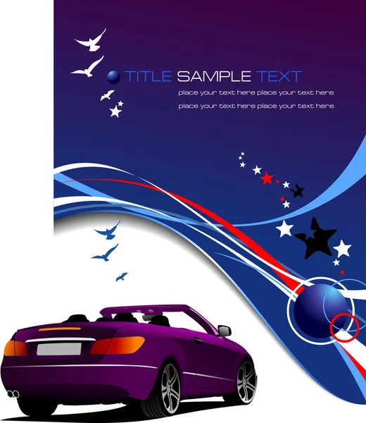 Blue background with purple cabriolet, stars and blue birds imag — Stock Photo, Image