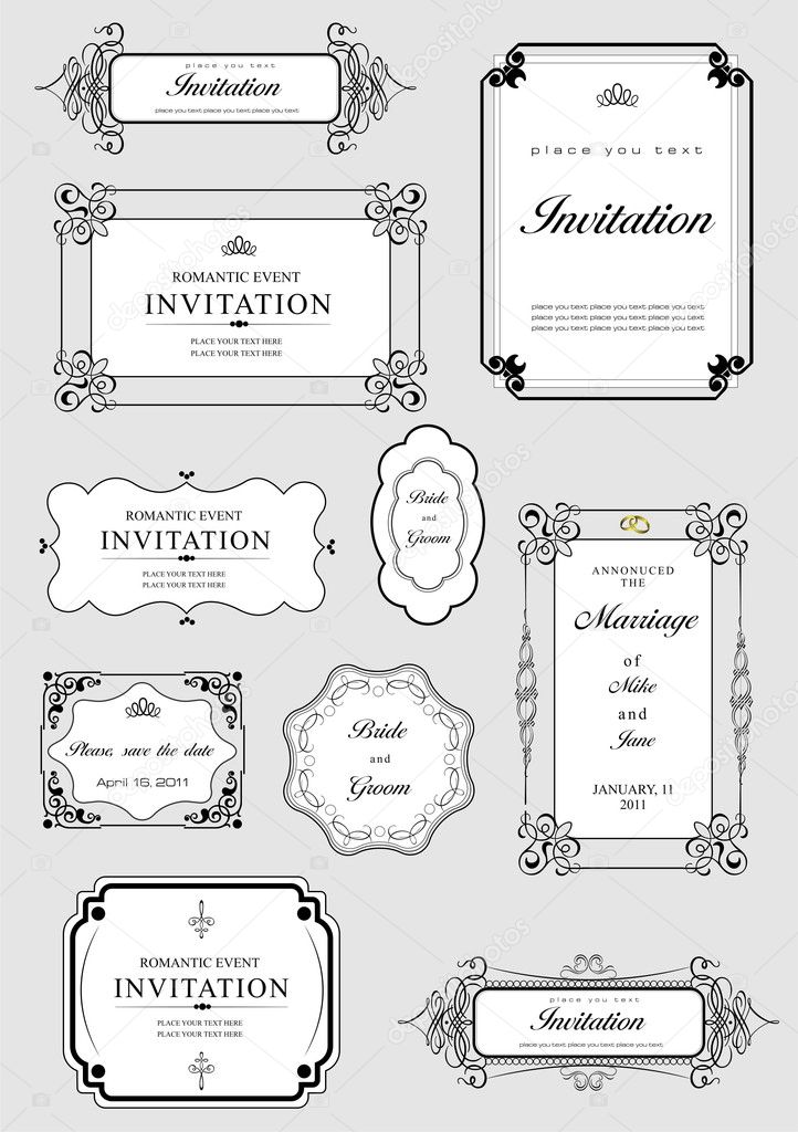 Set of ornate frames and ornaments with sample text. Perf