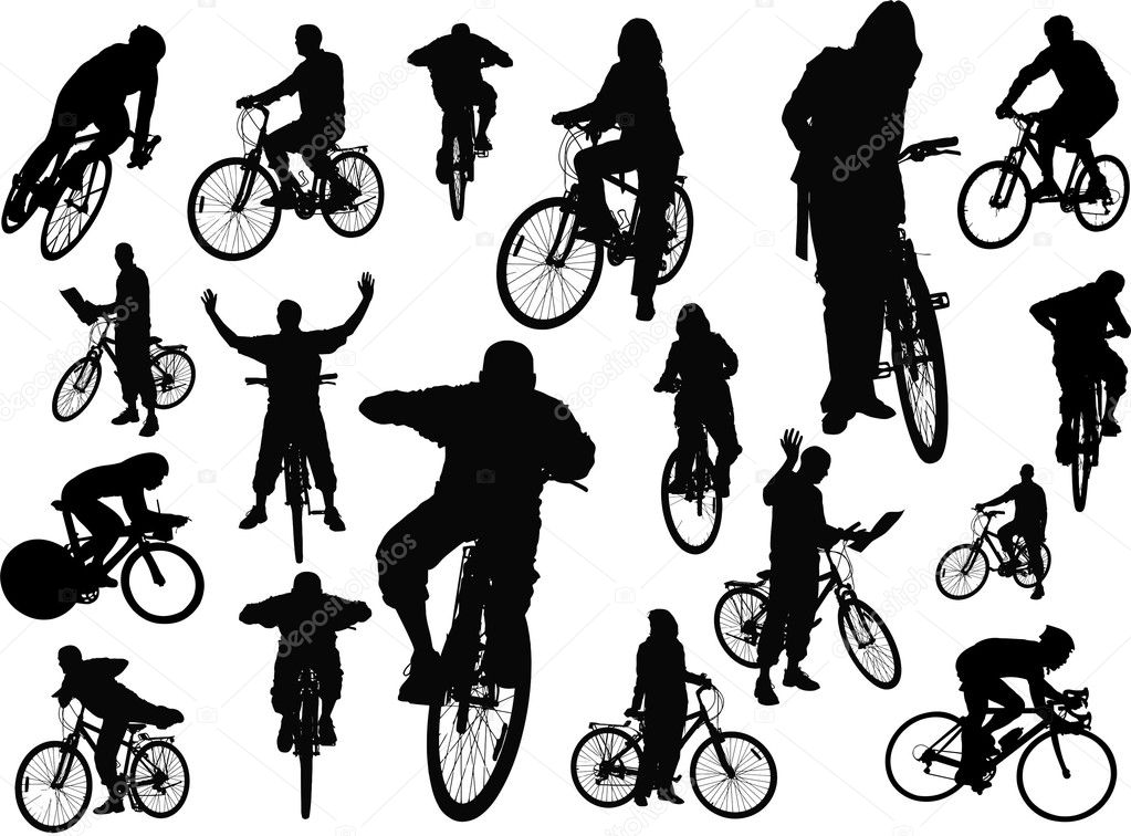 Eighteen silhouettes with bicycle illustration