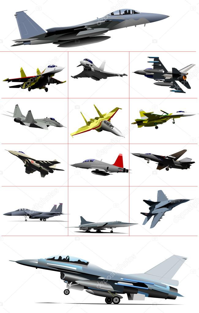 Combat aircraft. Team. Colored illustration for designers