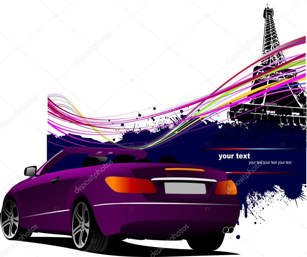 Purple cabriolet car with Paris Eiffel tower image background.