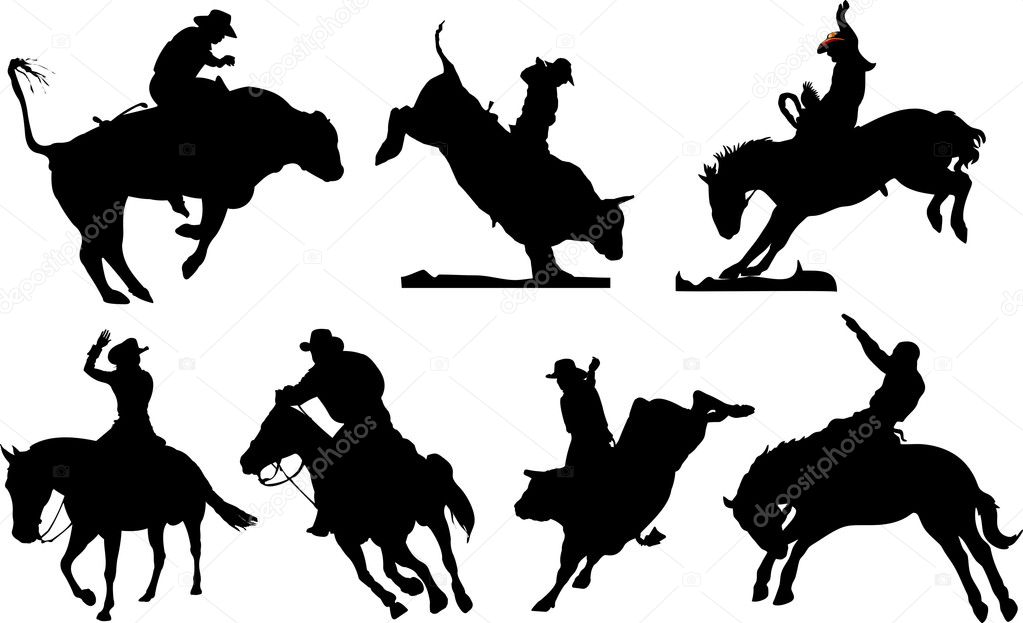 Seven rodeo silhouettes. Black and white illustration