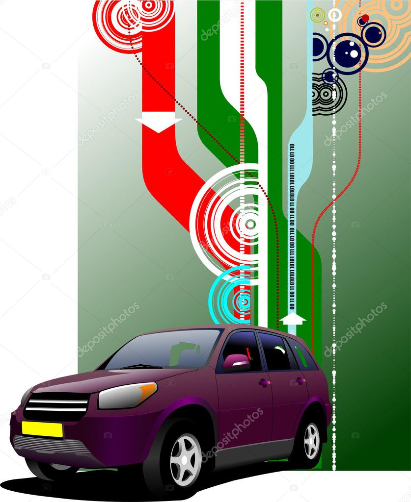 Cover for brochure with purple mini-van on the road illu