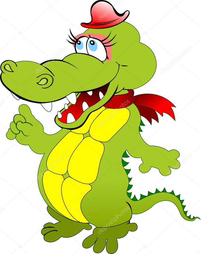 Funny green cartoon crocodile with red hat. Vector illustration — Stock ...