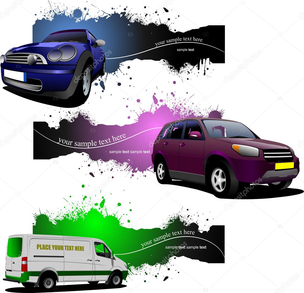 Three grunge Banners with cars illustration
