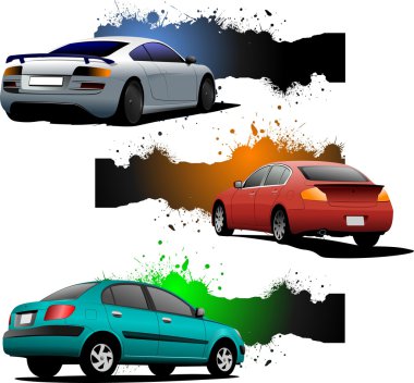 Three grunge Banners with cars. Rear view illustration