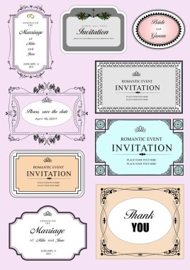 Set of ornate frames and ornaments with sample text. Perf