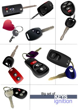 Big set of ignition car keys with remote control isolated over w clipart