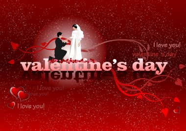 Gelin ve damat ile Sevgililer günü kırmızı arka plan. 14 Şubat