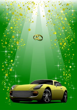 Wedding yellow car on green background illustration